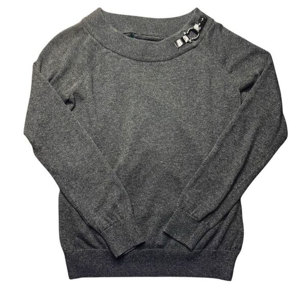 Lauren Ralph Lauren Knit Sweater Womens L Black/Charcoal Round Neck Buckle - Picture 1 of 8
